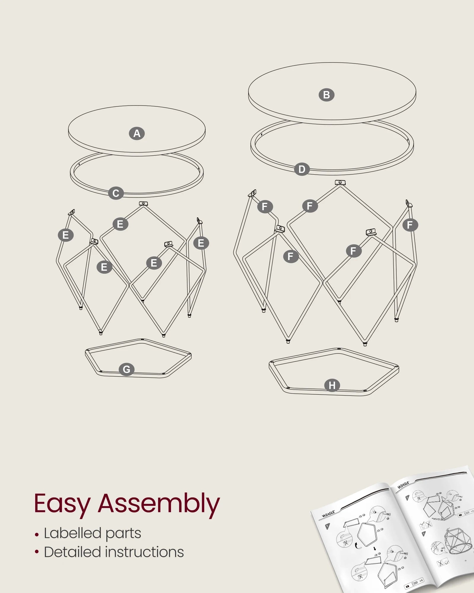 Diagram of a geometric structure with labeled parts and an open manual on a beige background