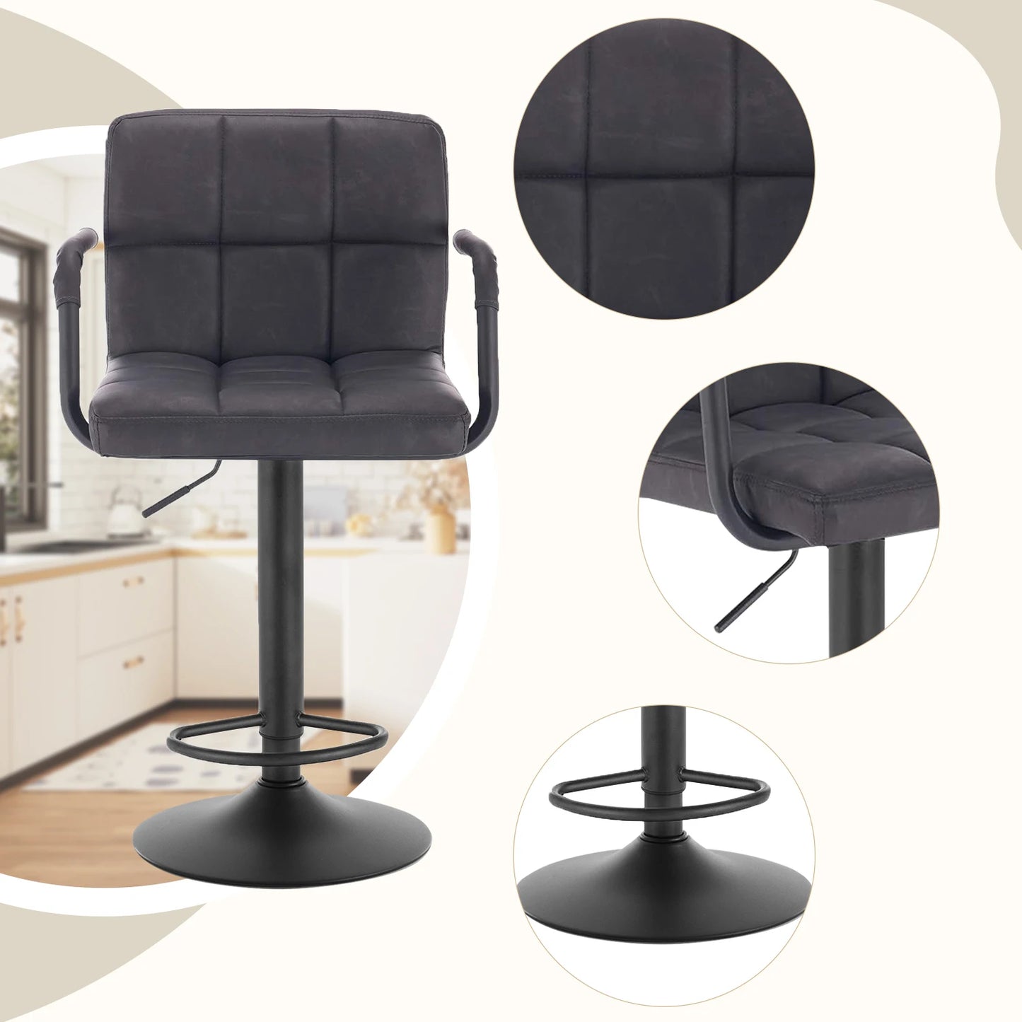 Gray bar stool with armrests in a kitchen setting, showing close-up details.