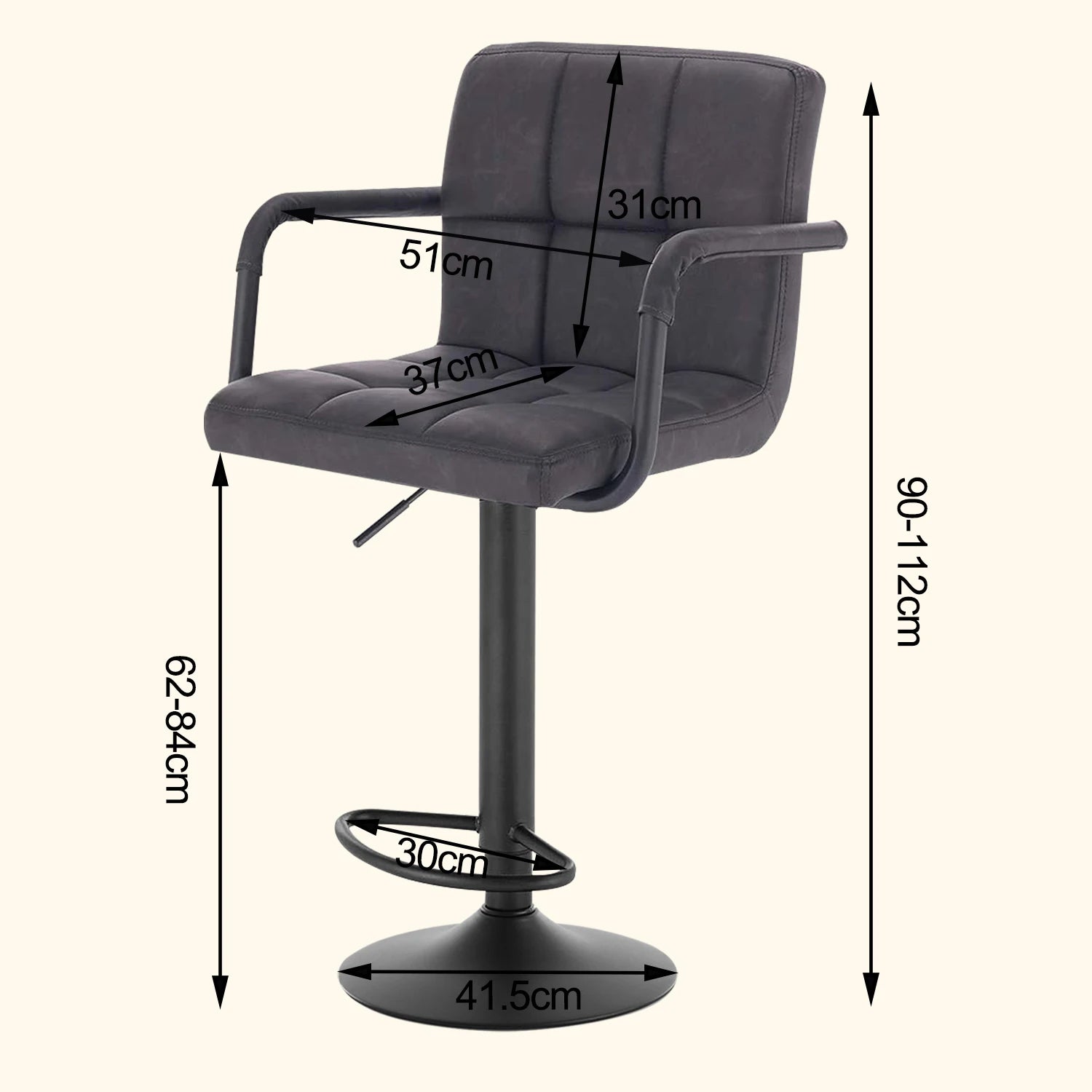 Gray bar stool with dimensions marked on a white background
