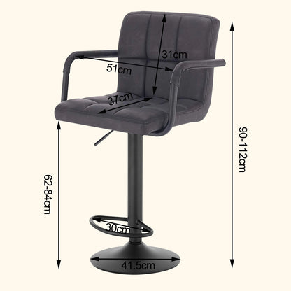 Gray bar stool with dimensions marked on a white background