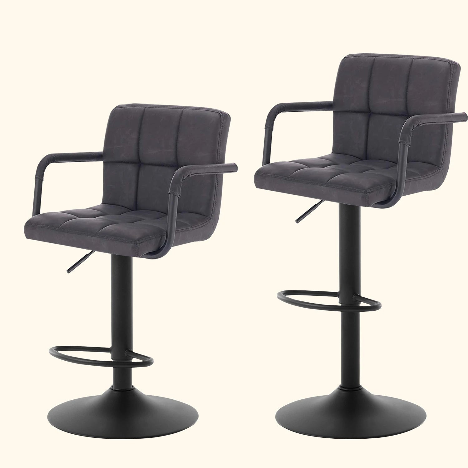Two gray bar stools with armrests on a white background