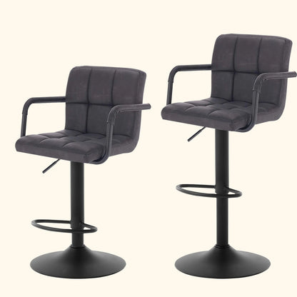 Two gray bar stools with armrests on a white background