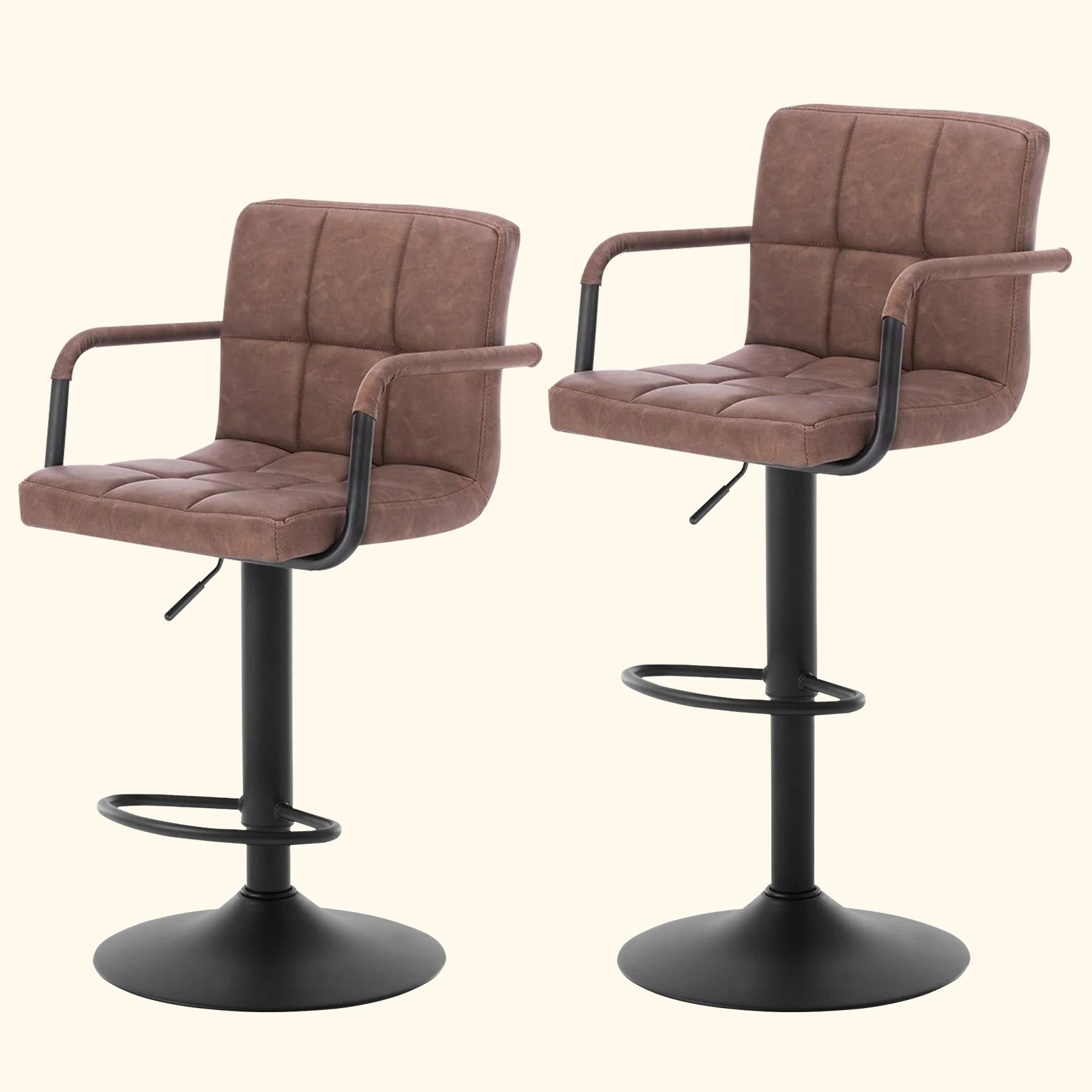 Two brown bar stools with armrests on a white background