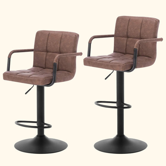 Two brown bar stools with armrests on a white background