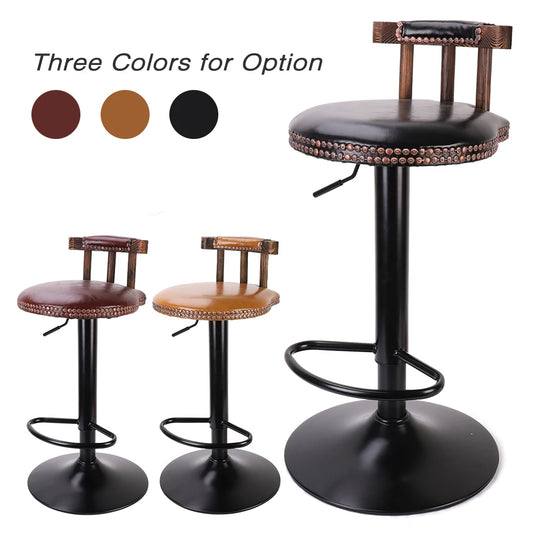 Bar stools with leather seats in three color options on a white background