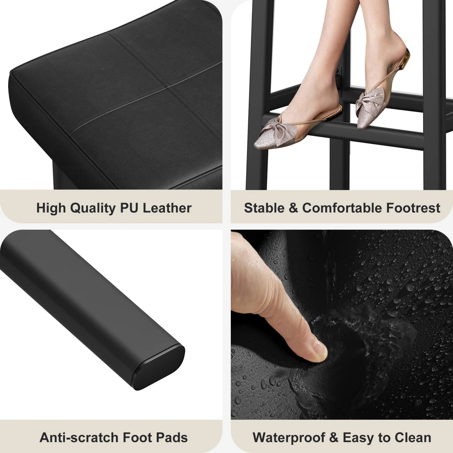 Black footstool with high-quality PU leather, stable footrest, anti-scratch pads, and waterproof surface.