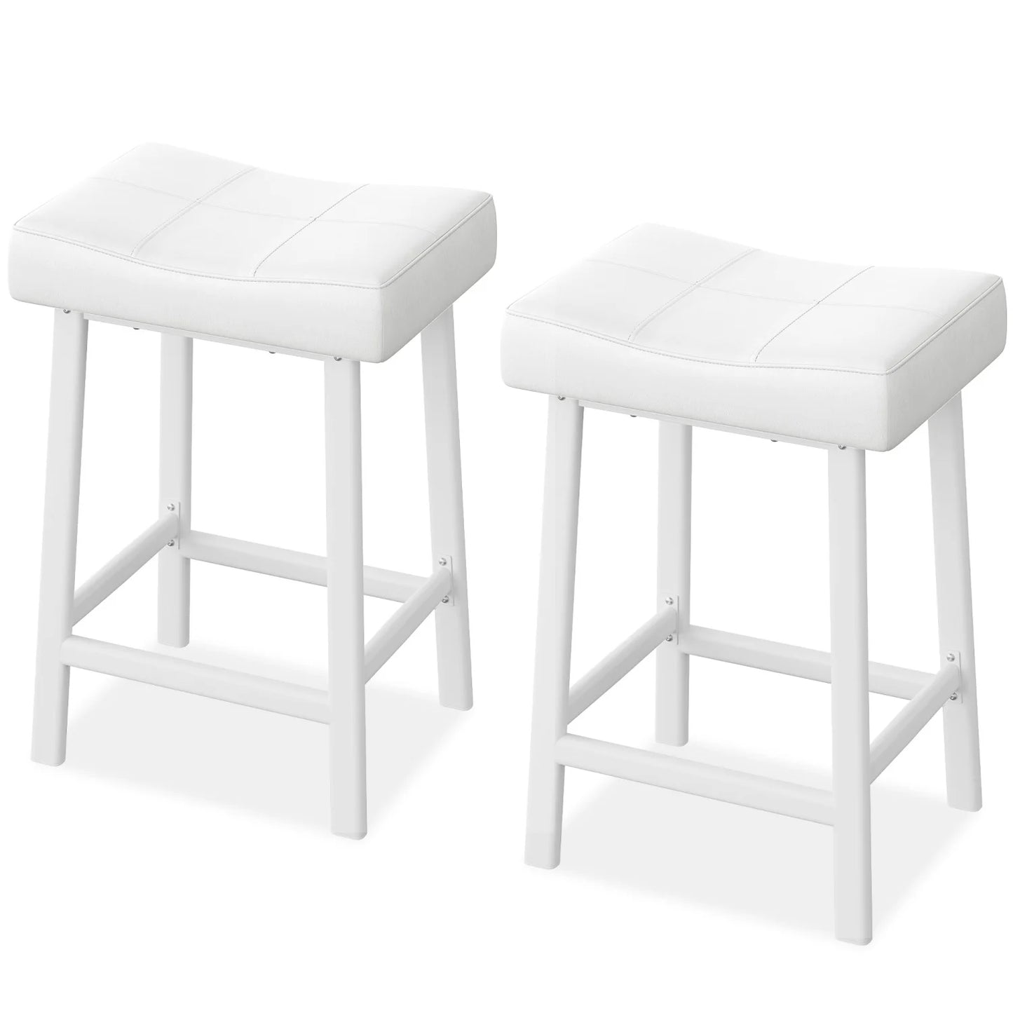 Two white bar stools with quilted seats on a white background