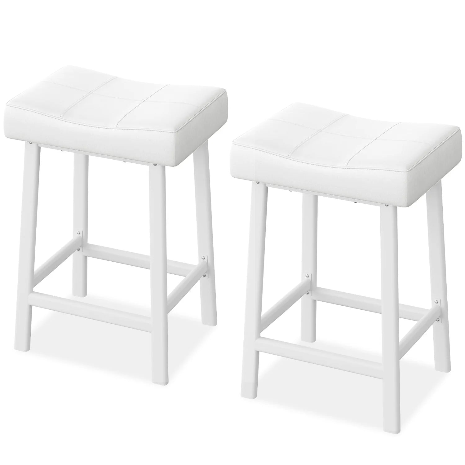 Two white bar stools with quilted seats on a white background
