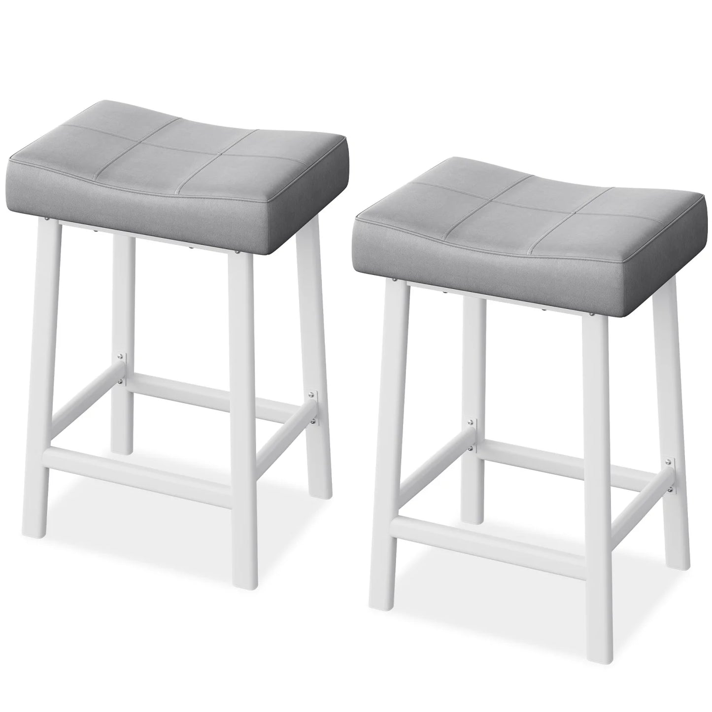 Two gray cushioned stools with white frames on a white background