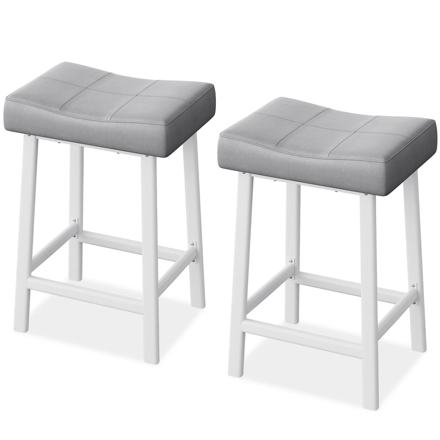 Two gray cushioned stools with white frames on a white background