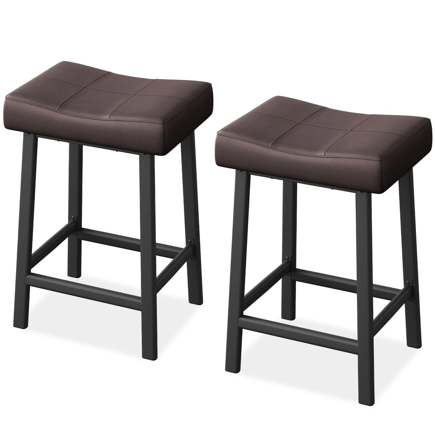 Two brown bar stools with black legs on a white background