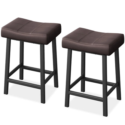 Two brown bar stools with black legs on a white background
