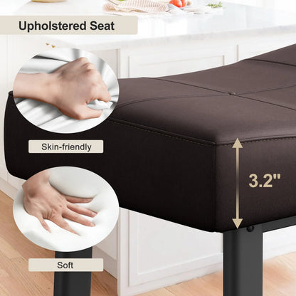 Brown upholstered seat with skin-friendly and soft features, labeled dimensions, and close-up of hands.