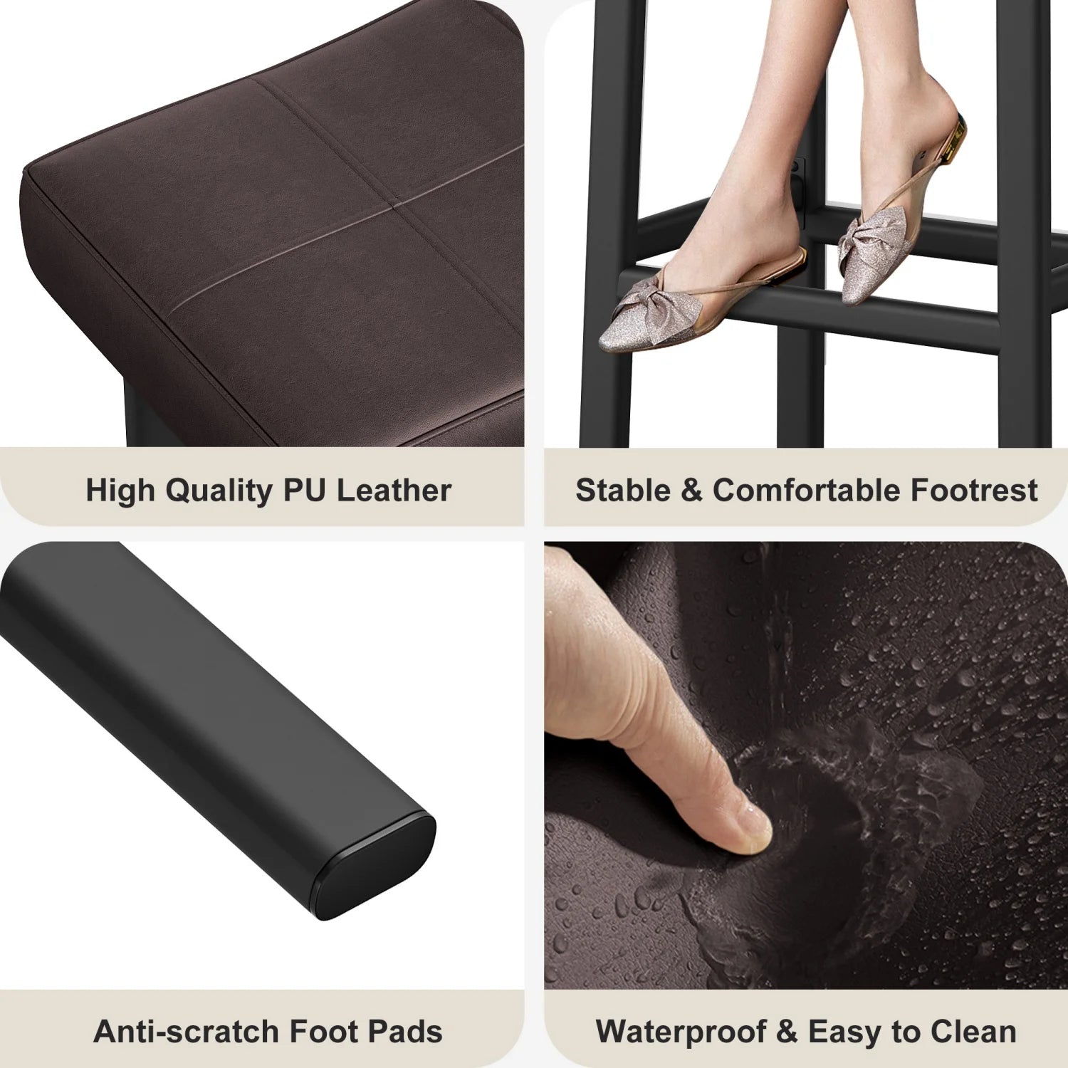 Collage of a footstool with high-quality PU leather, stable footrest, anti-scratch pads, and waterproof surface.