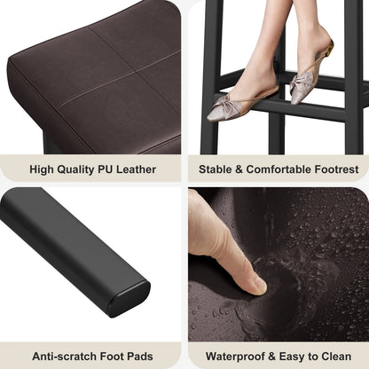 Collage of a footstool with high-quality PU leather, stable footrest, anti-scratch pads, and waterproof surface.