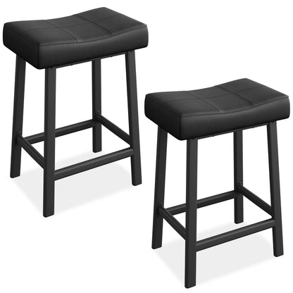 Two black bar stools with leather seats on a white background