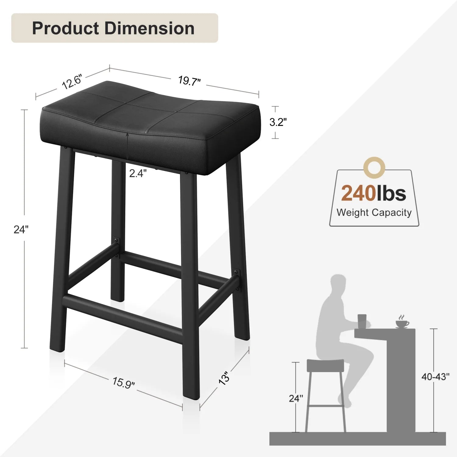 Black bar stool with dimensions and weight capacity on a white background