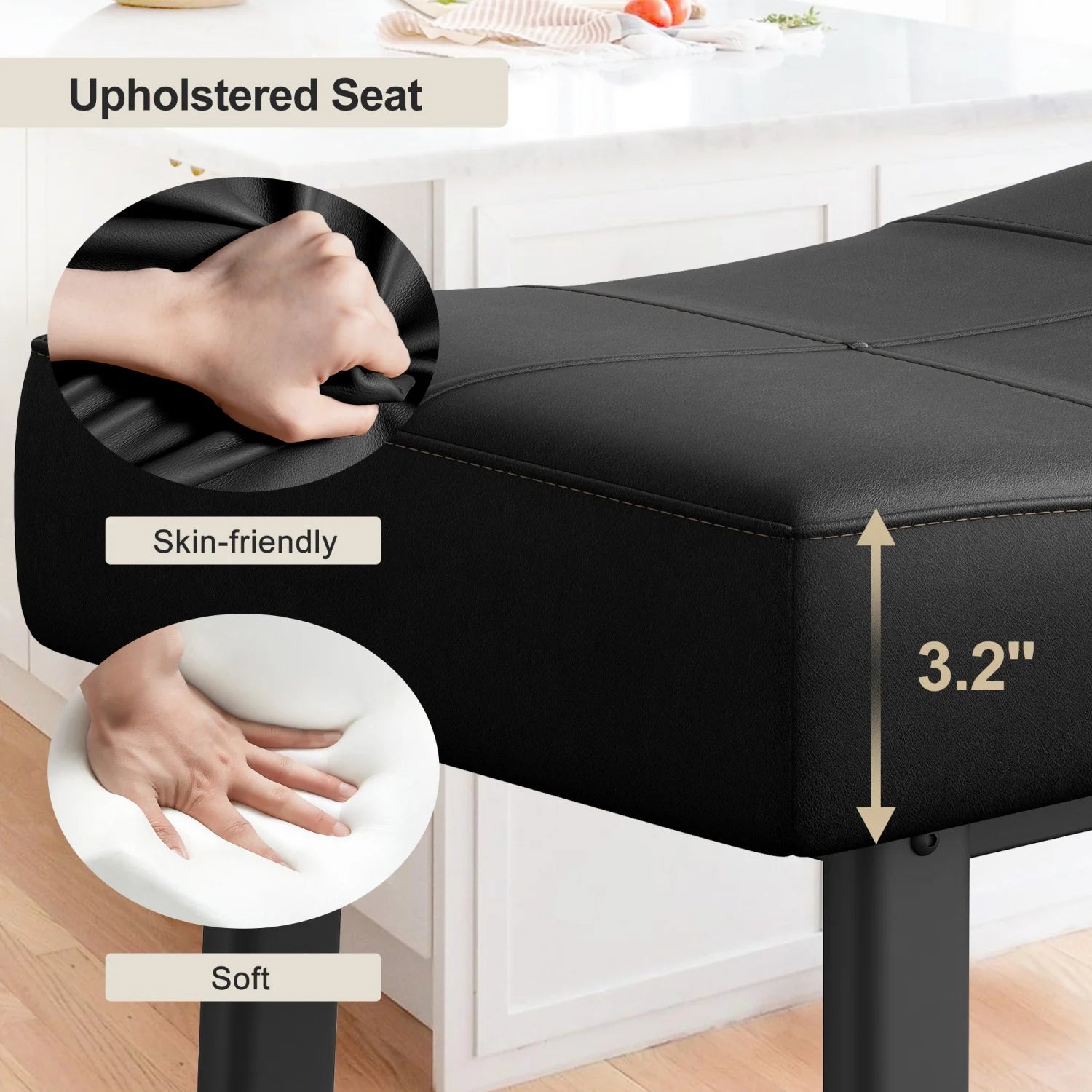 Black upholstered seat with close-up of hand touching it, labeled 'Skin-friendly' and 'Soft'.