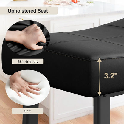 Black upholstered seat with close-up of hand touching it, labeled 'Skin-friendly' and 'Soft'.