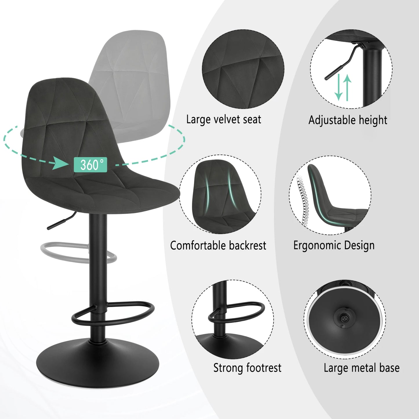 Black bar stool with features highlighted on a white background