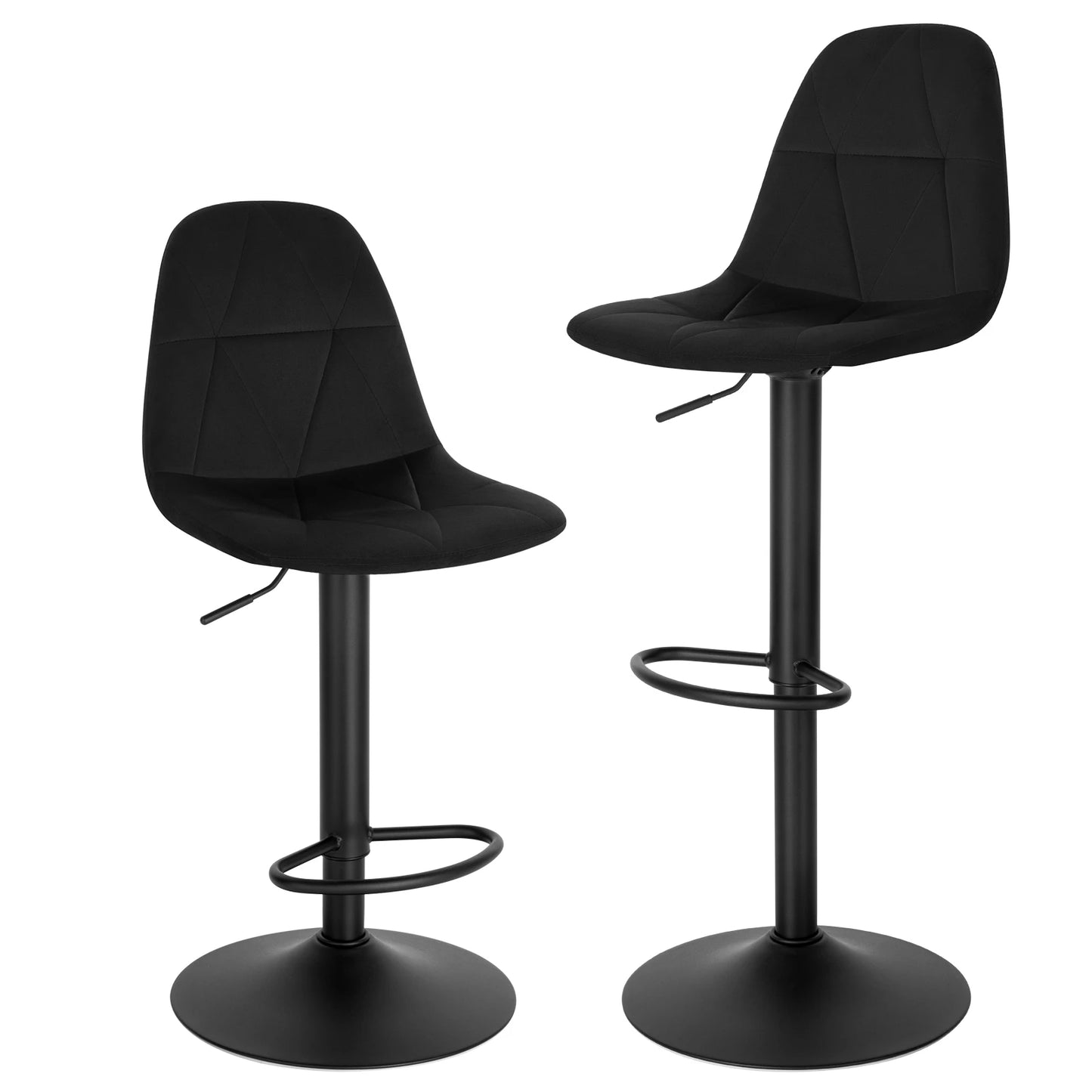 Two black bar stools on a white background