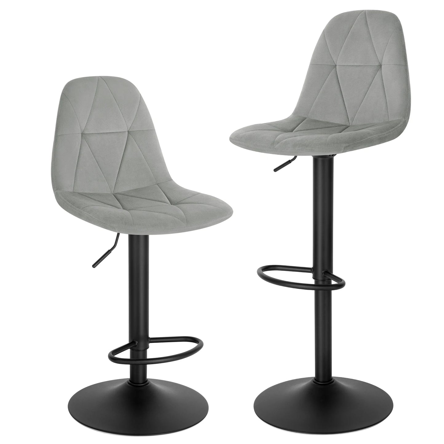 Two gray geometric cushioned bar stools with black bases on a white background