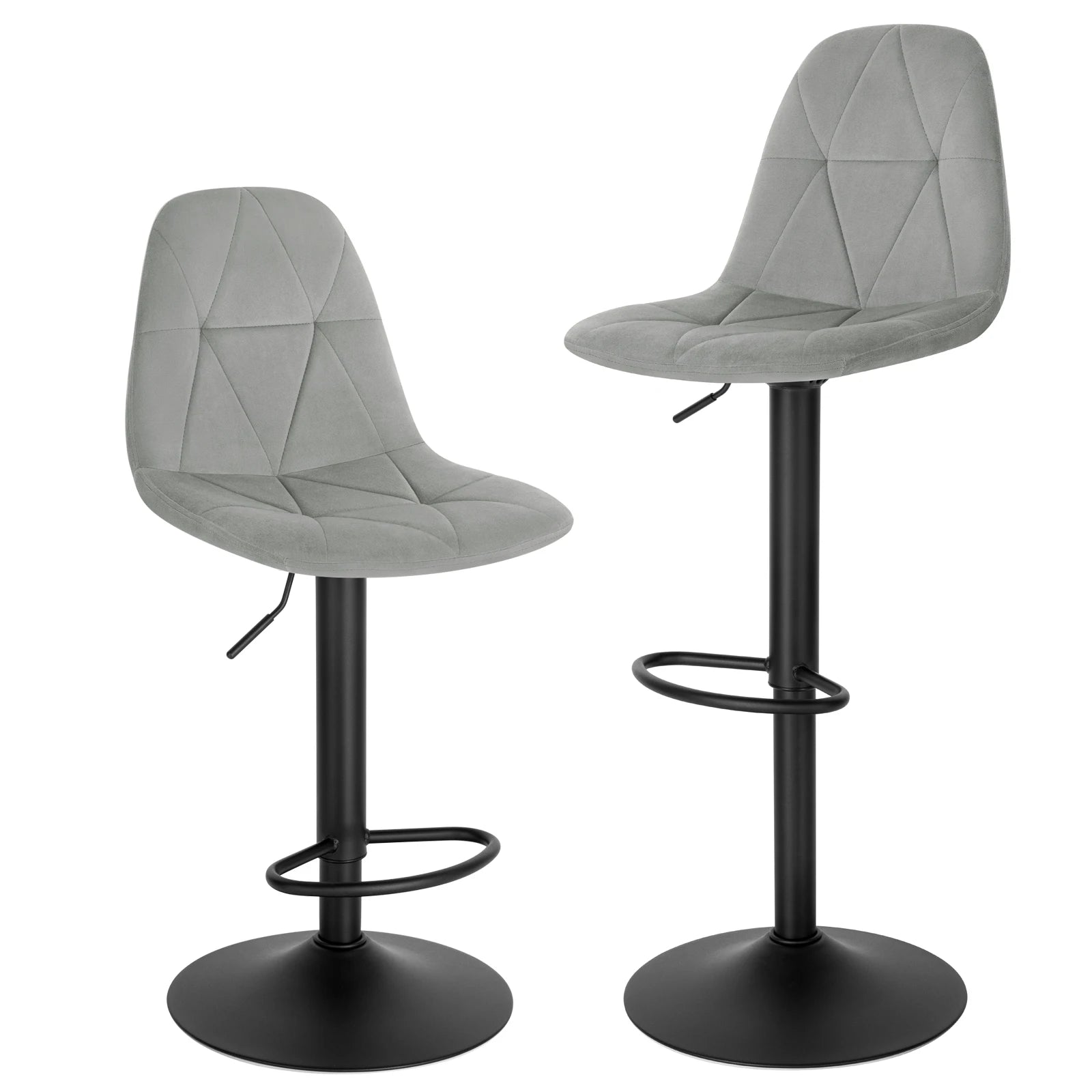 Two gray geometric cushioned bar stools with black bases on a white background