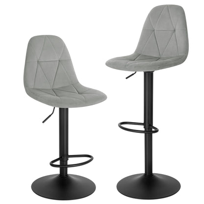 Two gray geometric cushioned bar stools with black bases on a white background