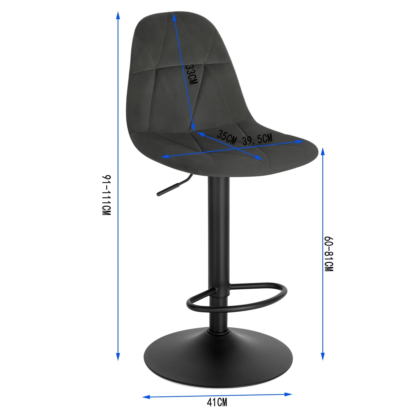 Black bar stool with measurement markings on a white background