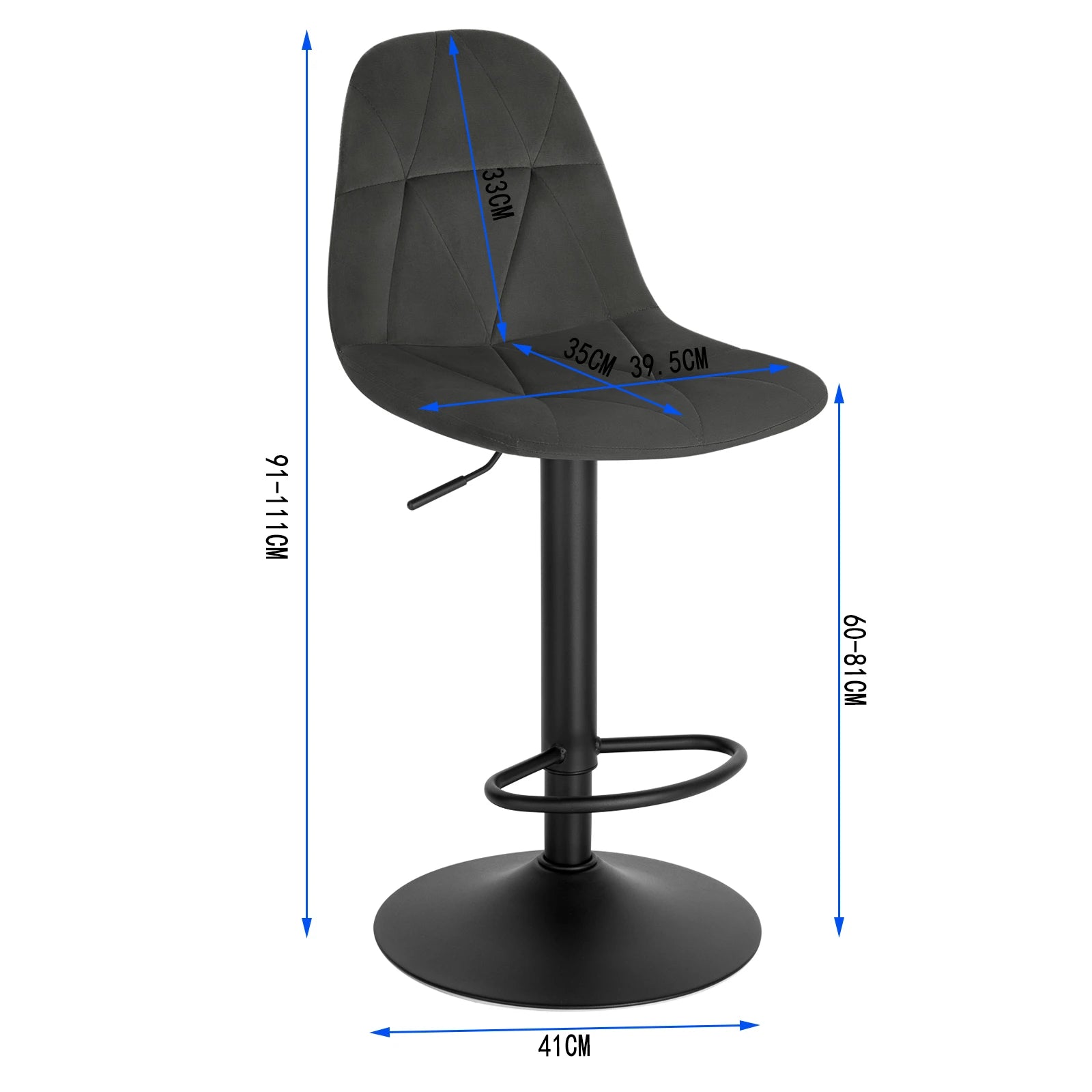 Black bar stool with measurement markings on a white background