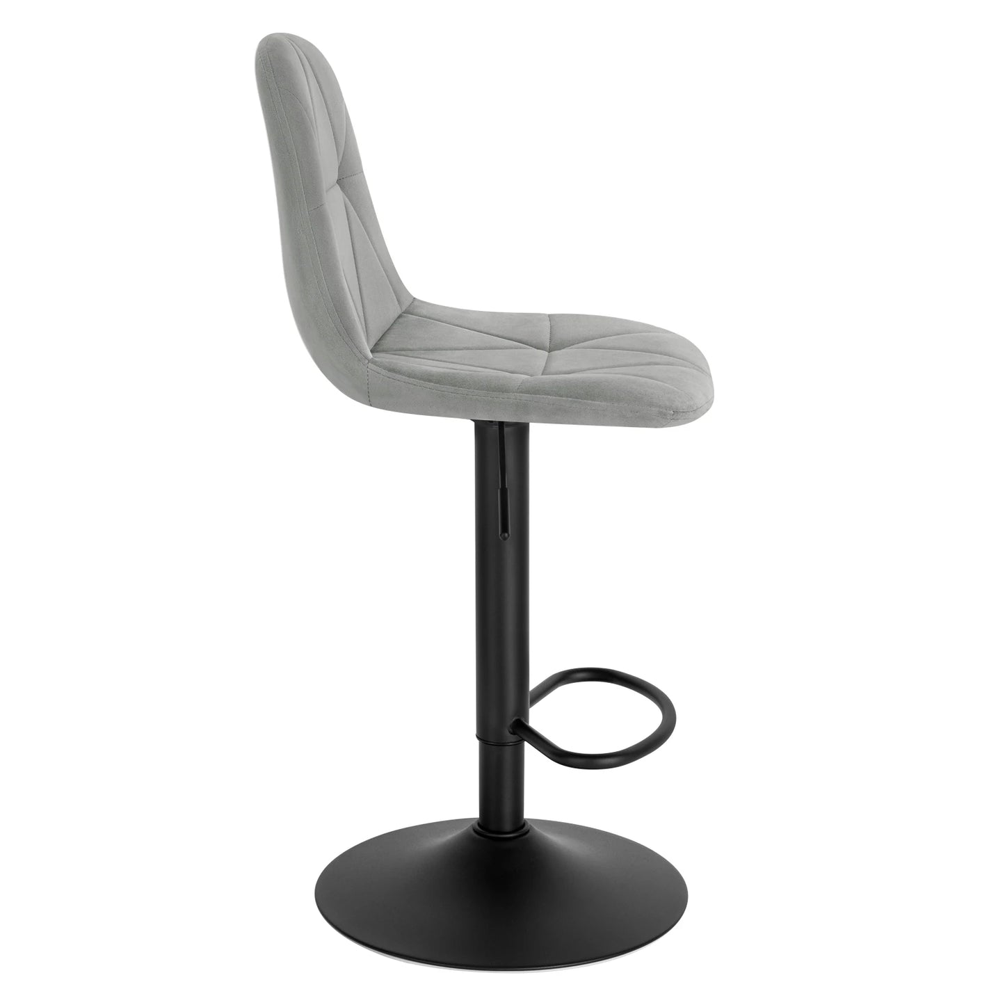 Gray cushioned bar stool with a black base on a white background