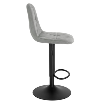 Gray cushioned bar stool with a black base on a white background