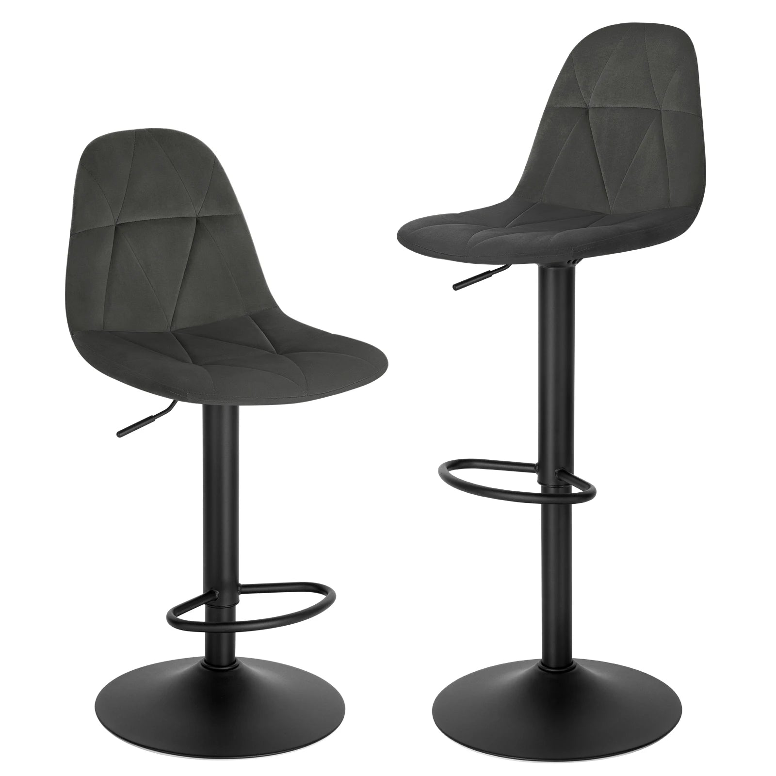 Two black bar stools with quilted seats on a white background