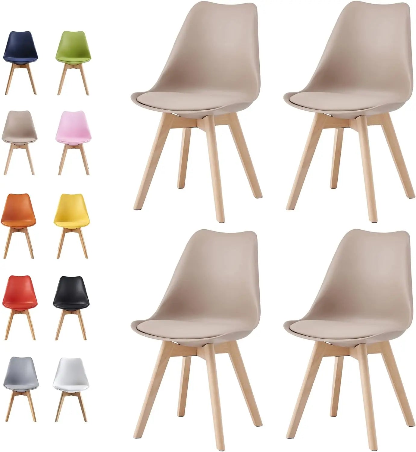Set of chairs in various colors with beige chairs in the center.