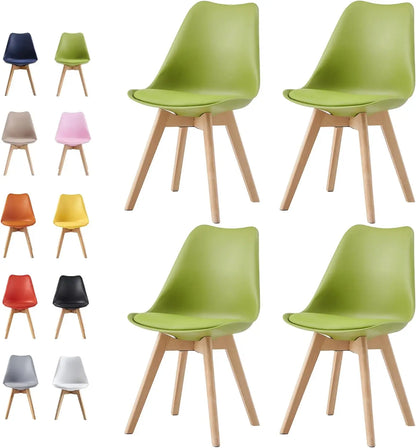 Set of green chairs with wooden legs on a white background