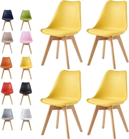 Yellow chair with wooden legs among other colorful chairs on a white background