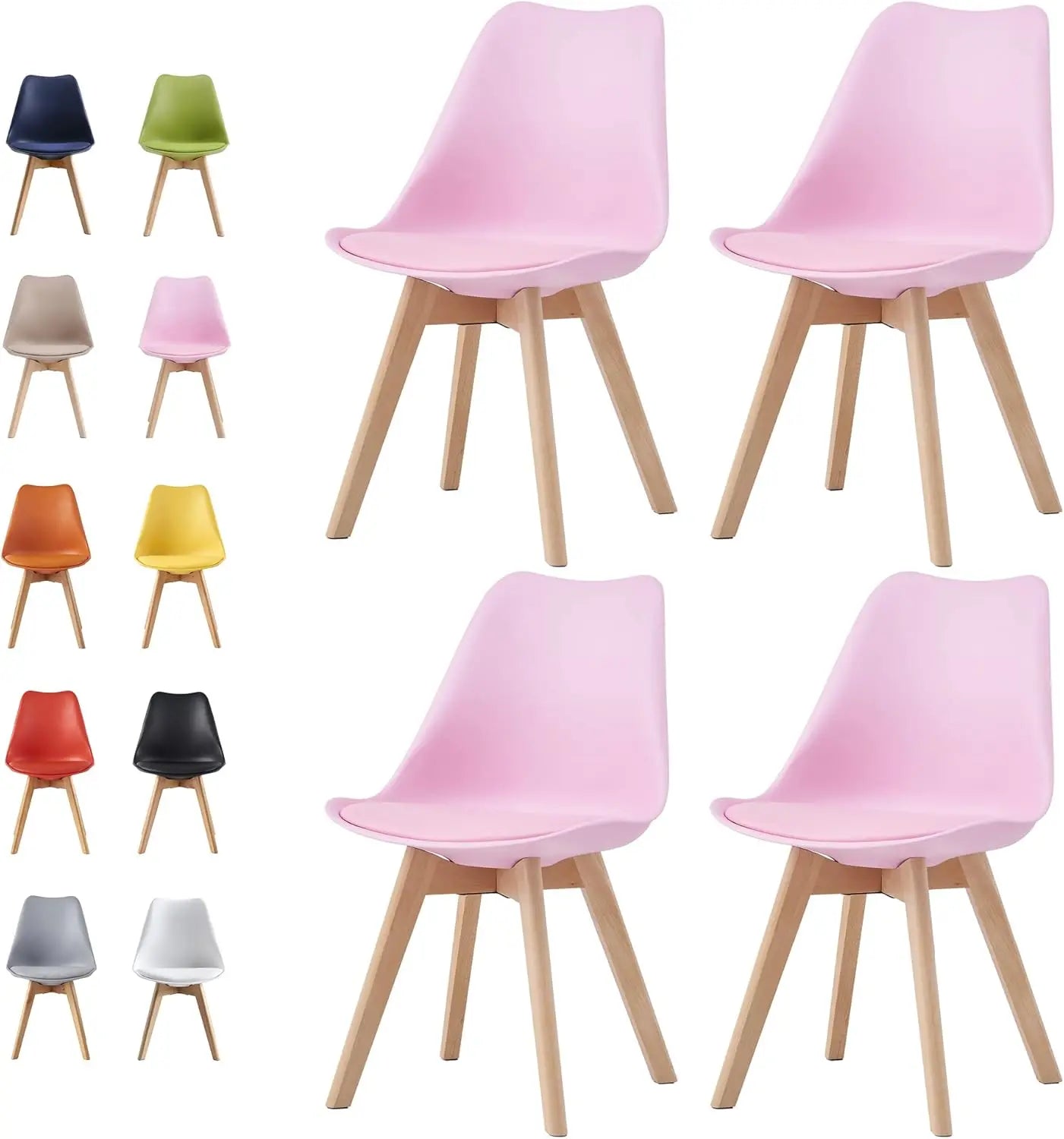Set of pink chairs with wooden legs on a white background, surrounded by other colored chairs.