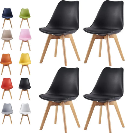 Black chairs with wooden legs in various colors on a white background
