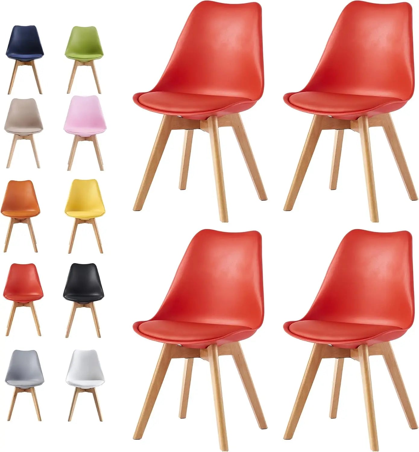 Set of red chairs with wooden legs on a white background, surrounded by other colored chairs.