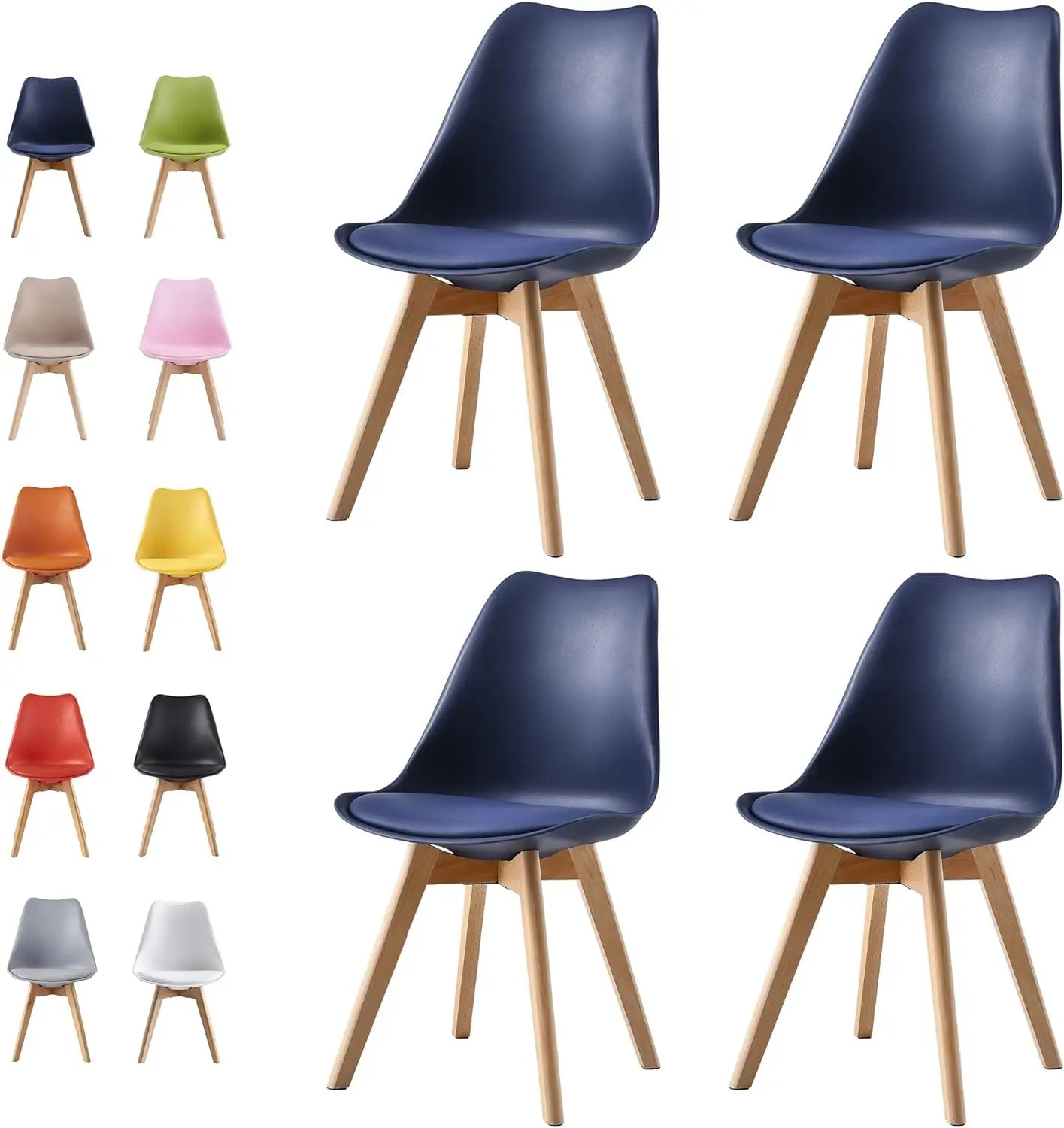 Set of blue chairs with wooden legs on a white background, surrounded by other colored chairs.