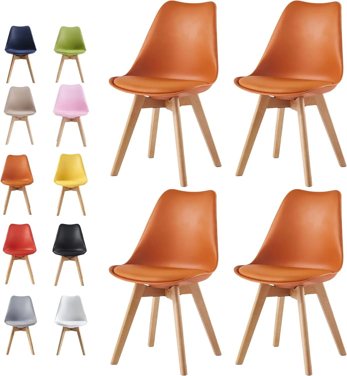 Set of orange chairs with wooden legs on a white background, surrounded by other colored chairs.