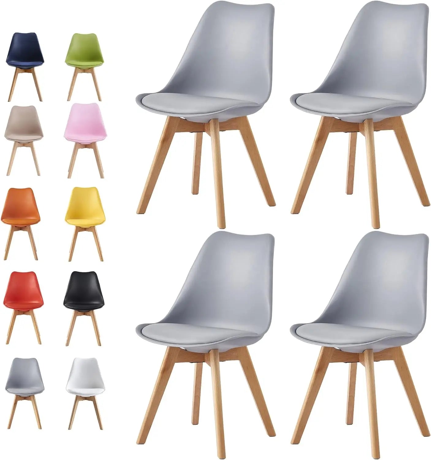 Set of chairs with gray seats and wooden legs, shown in various colors on a white background.