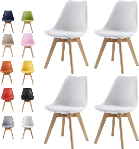 Set of chairs with white seats and wooden legs, shown in various colors on a white background.