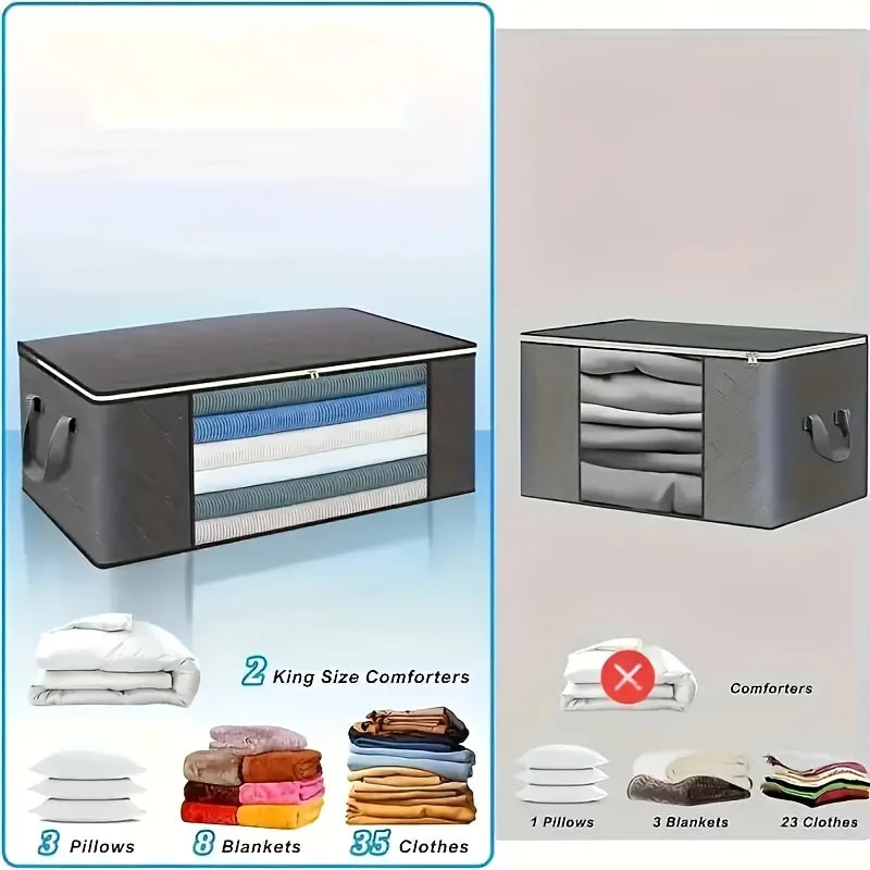 Two storage boxes with folded clothes and labels indicating capacity.