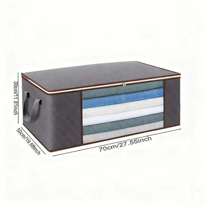 Storage box with fabric rolls inside, showing dimensions on a white background