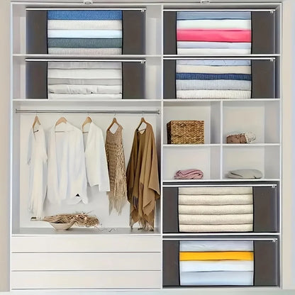Organized closet with clothes, bags, and baskets on shelves.