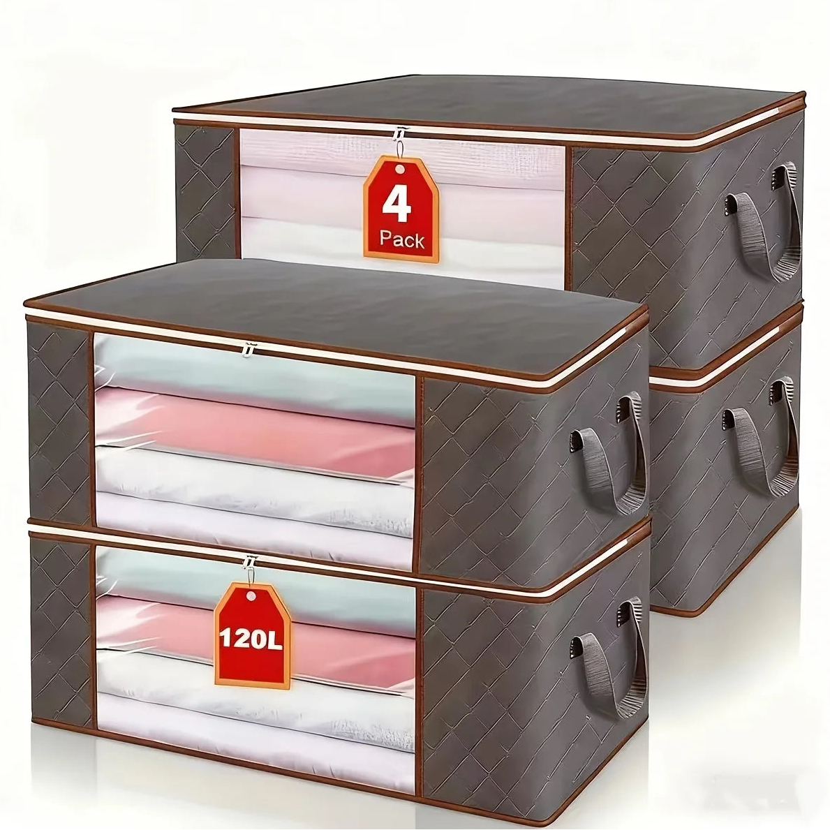 Set of gray storage boxes with transparent panels and handles on a white background