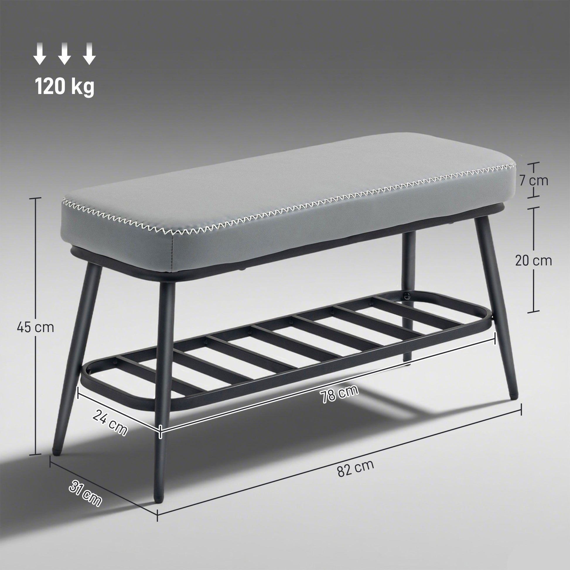 Gray upholstered bench with black metal frame and dimensions on a gray background