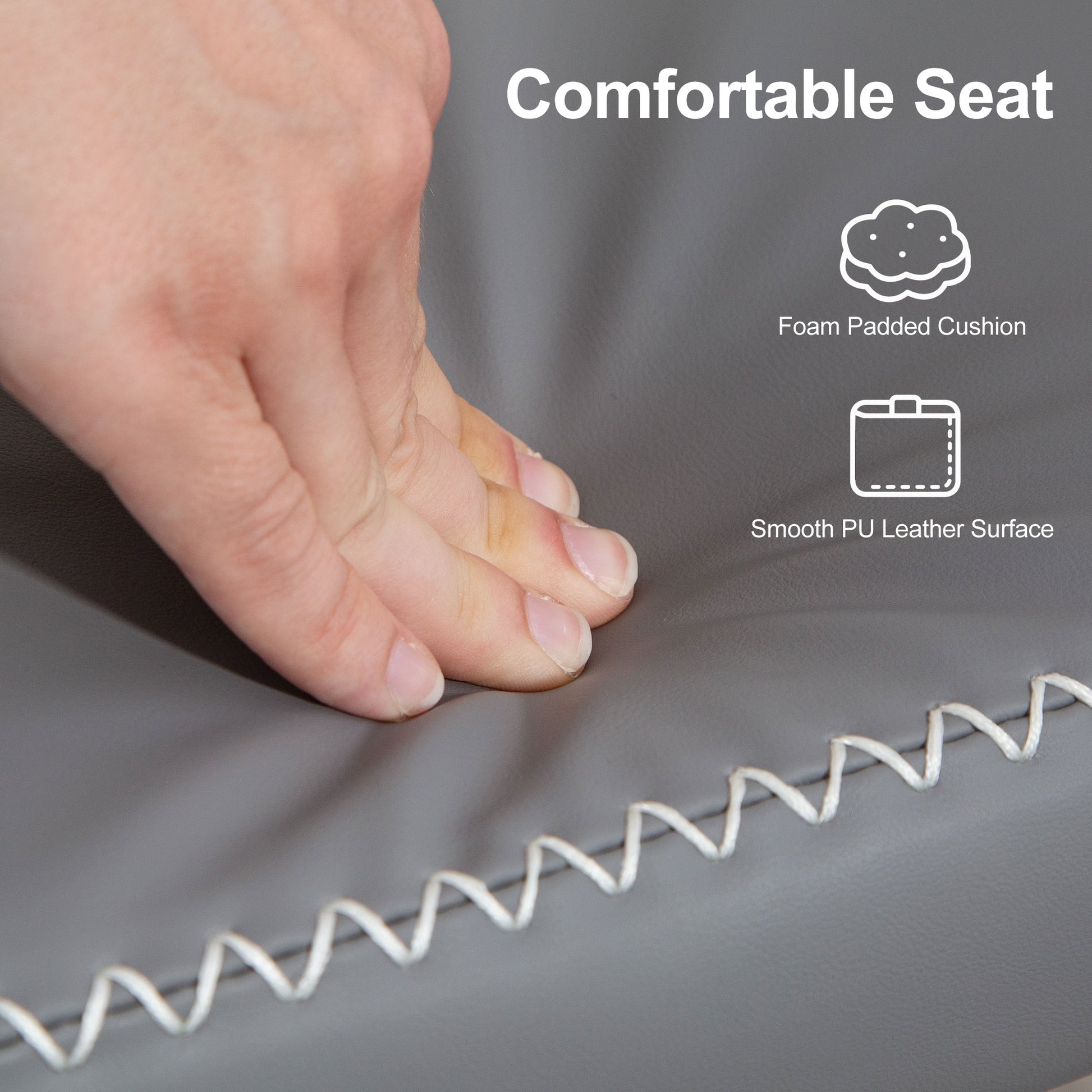 Hand touching a gray seat with text 'Comfortable Seat' and icons for foam padding and smooth surface.