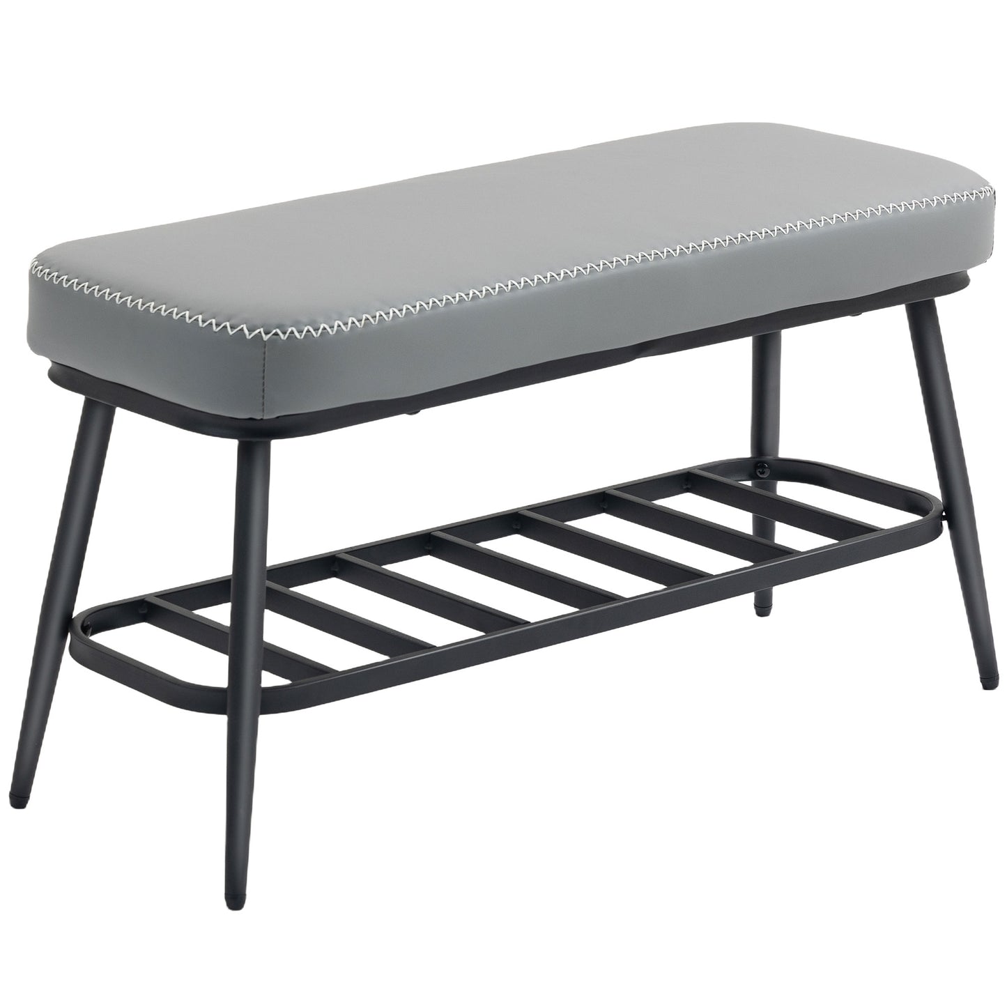 Gray upholstered bench with black metal legs on a white background